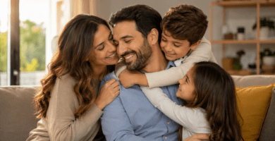 Familia abrazando a papá en casa para celebrar el Día del Padre con amor y gratitud