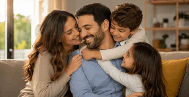 Familia abrazando a papá en casa para celebrar el Día del Padre con amor y gratitud