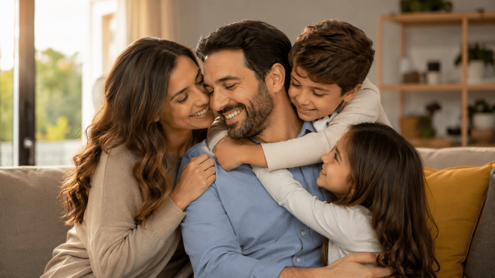 Familia abrazando a papá en casa para celebrar el Día del Padre con amor y gratitud