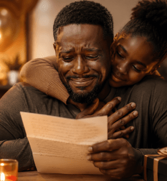 Padre afrodescendiente emocionado al leer un poema de cumpleaños mientras recibe el abrazo de su hija
