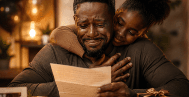 Padre afrodescendiente emocionado al leer un poema de cumpleaños mientras recibe el abrazo de su hija