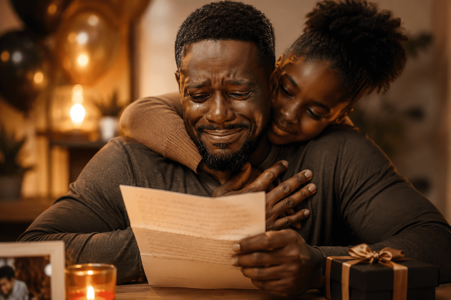 Padre afrodescendiente emocionado al leer un poema de cumpleaños mientras recibe el abrazo de su hija