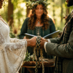 Pareja en ceremonia celta de boda uniendo sus manos con lazos en un bosque, como símbolo de amor, compromiso y unión.