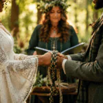Pareja en ceremonia celta de boda uniendo sus manos con lazos en un bosque, como símbolo de amor, compromiso y unión.
