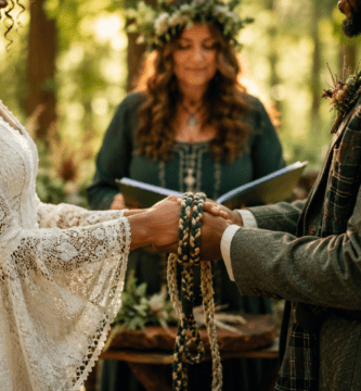 Pareja en ceremonia celta de boda uniendo sus manos con lazos en un bosque, como símbolo de amor, compromiso y unión.