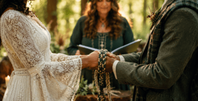 Pareja en ceremonia celta de boda uniendo sus manos con lazos en un bosque, como símbolo de amor, compromiso y unión.