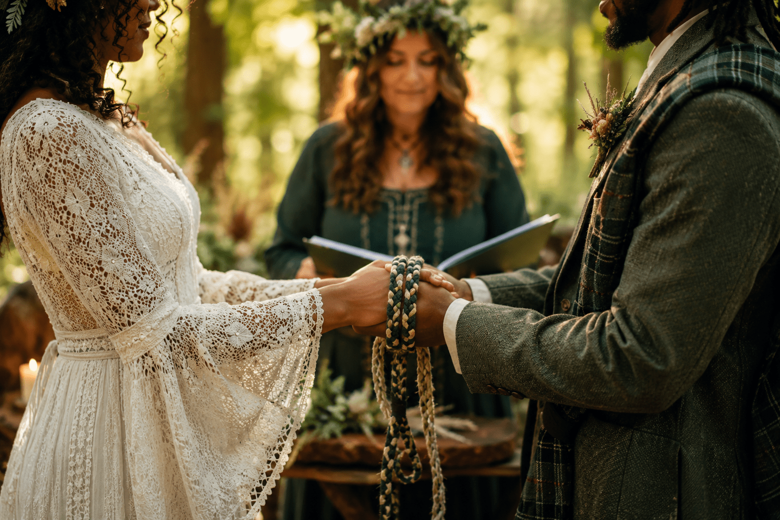 Pareja en ceremonia celta de boda uniendo sus manos con lazos en un bosque, como símbolo de amor, compromiso y unión.