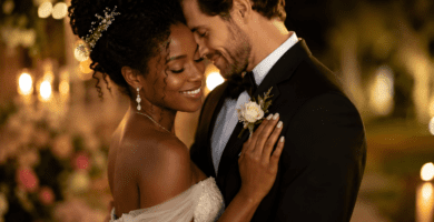 Pareja interracial de novios abrazándose con ternura en una boda, representando amor romántico, compromiso y poesía para matrimonio.