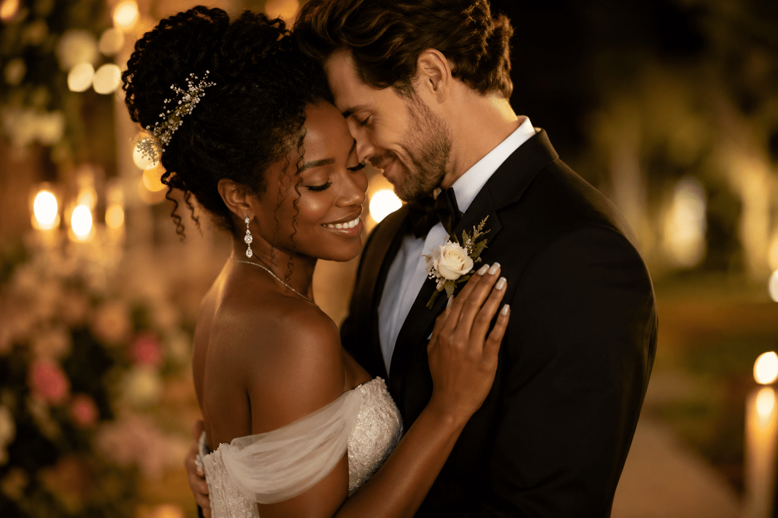 Pareja interracial de novios abrazándose con ternura en una boda, representando amor romántico, compromiso y poesía para matrimonio.