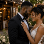 Pareja de novios abrazados en una boda al atardecer, celebrando un matrimonio feliz con amor, unión y ternura.