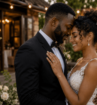 Pareja de novios abrazados en una boda al atardecer, celebrando un matrimonio feliz con amor, unión y ternura.