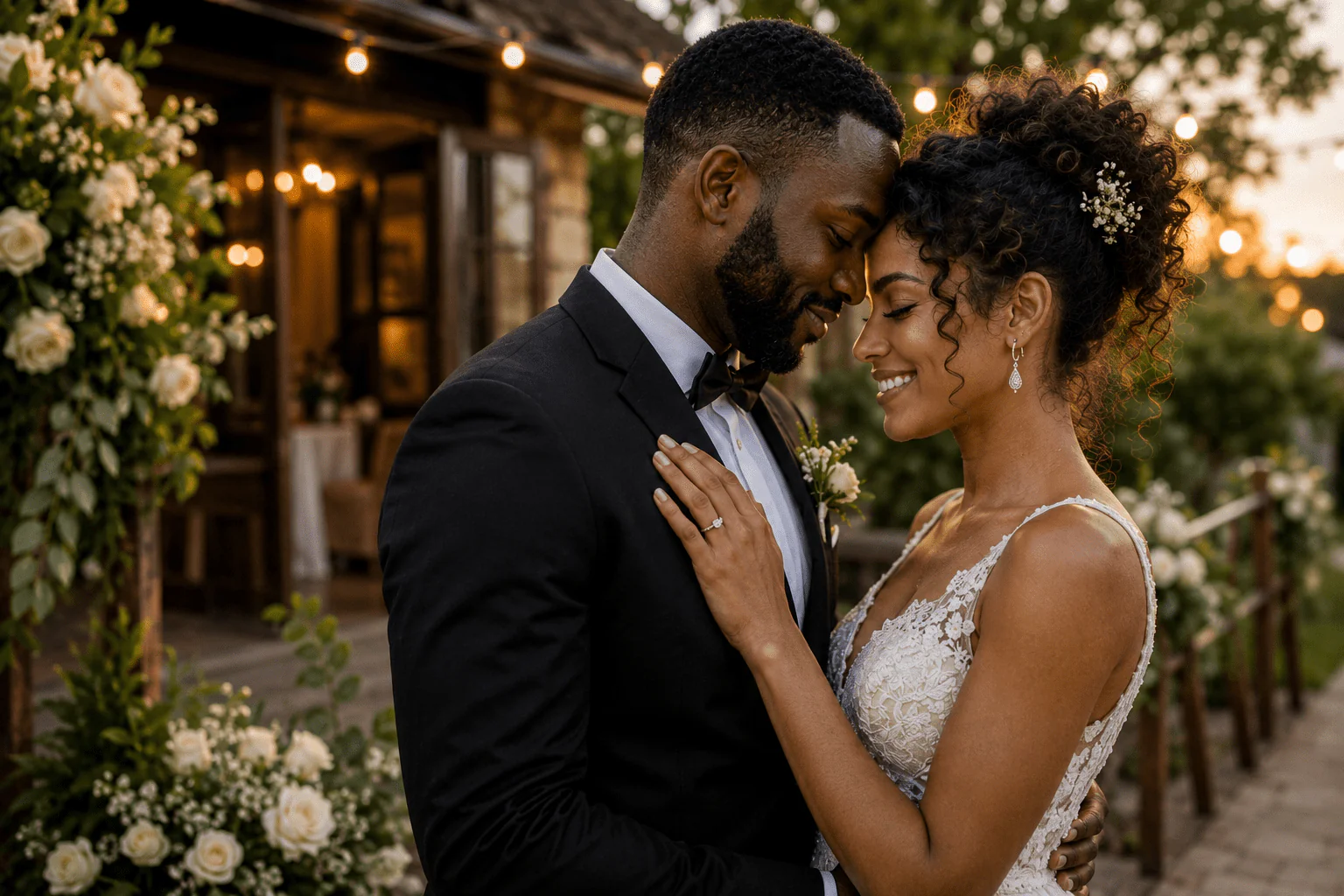 Pareja de novios abrazados en una boda al atardecer, celebrando un matrimonio feliz con amor, unión y ternura.