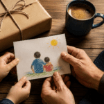 Manos de un padre y un niño sosteniendo una tarjeta hecha a mano junto a un regalo de cumpleaños, una taza de café y una corbata.