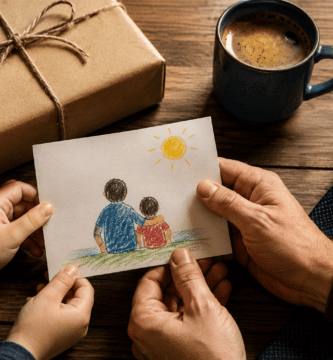 Manos de un padre y un niño sosteniendo una tarjeta hecha a mano junto a un regalo de cumpleaños, una taza de café y una corbata.