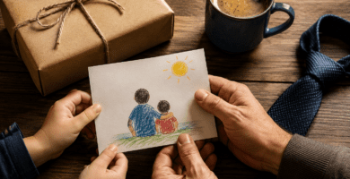 Manos de un padre y un niño sosteniendo una tarjeta hecha a mano junto a un regalo de cumpleaños, una taza de café y una corbata.
