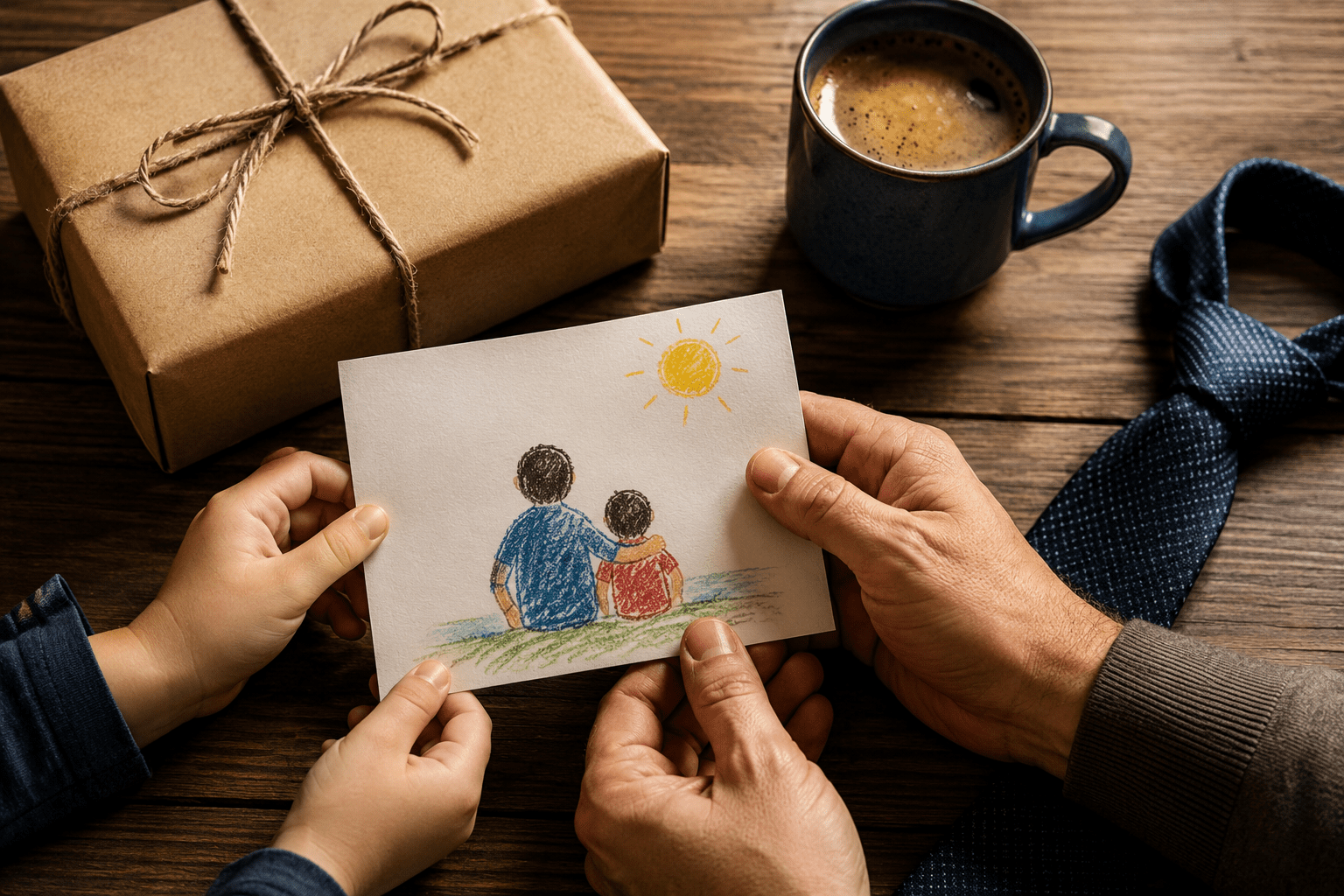 Manos de un padre y un niño sosteniendo una tarjeta hecha a mano junto a un regalo de cumpleaños, una taza de café y una corbata.