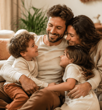 Esposo sonriendo con su esposa e hijos en una sala cálida, imagen familiar para poemas bonitos del Día del Padre.