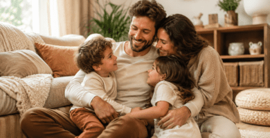 Esposo sonriendo con su esposa e hijos en una sala cálida, imagen familiar para poemas bonitos del Día del Padre.