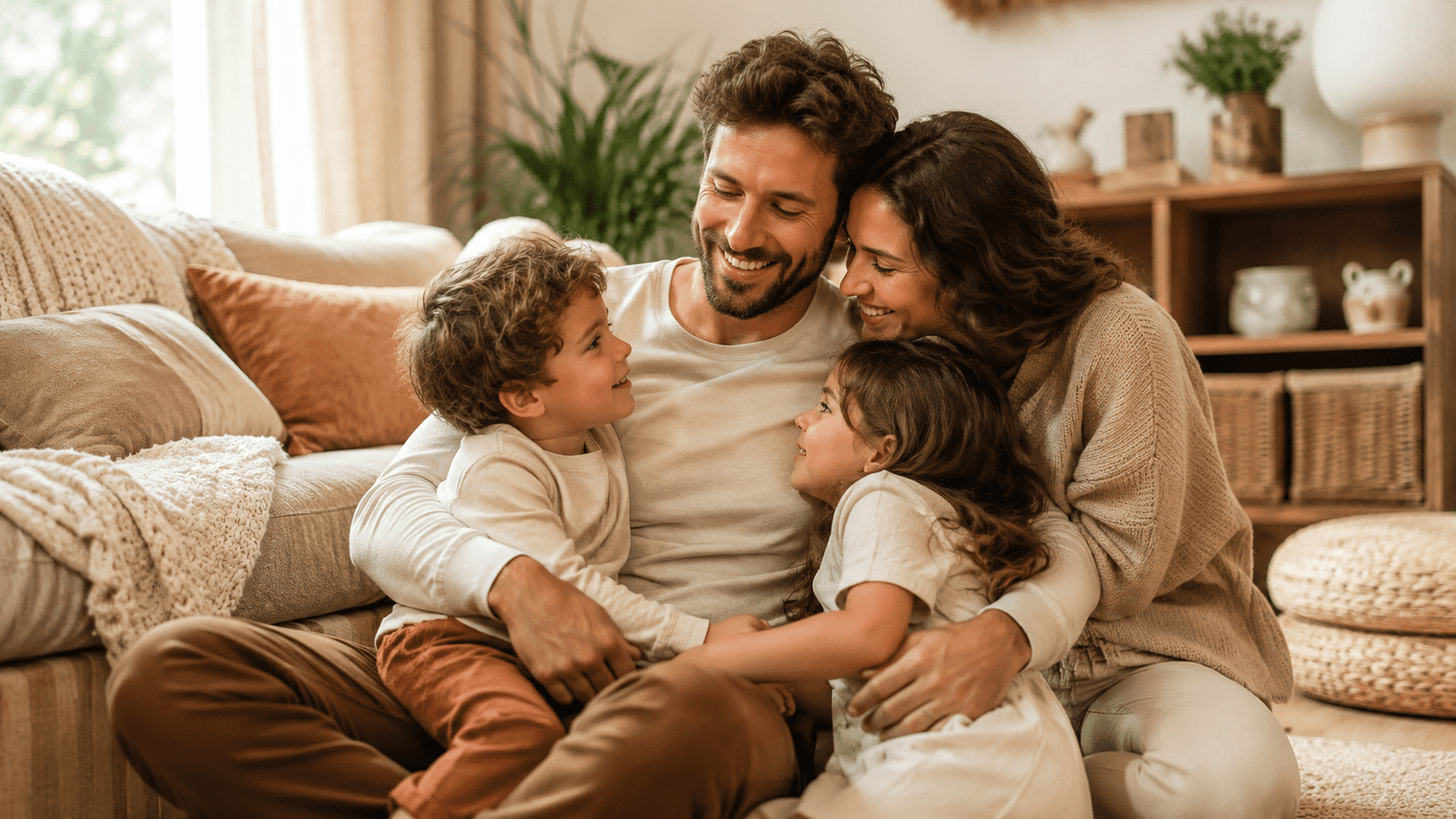 Esposo sonriendo con su esposa e hijos en una sala cálida, imagen familiar para poemas bonitos del Día del Padre.