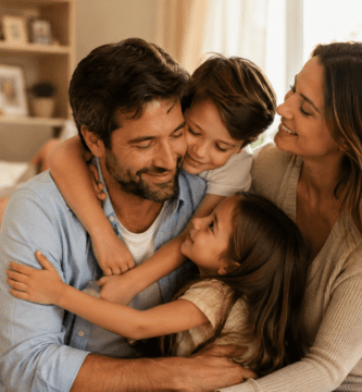 Esposo y padre abraza a su familia en un hogar cálido, imagen para poemas cortos del Día del Padre.