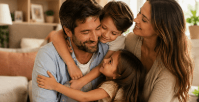 Esposo y padre abraza a su familia en un hogar cálido, imagen para poemas cortos del Día del Padre.