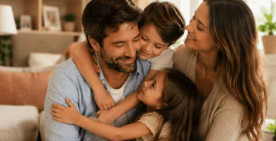 Esposo y padre abraza a su familia en un hogar cálido, imagen para poemas cortos del Día del Padre.
