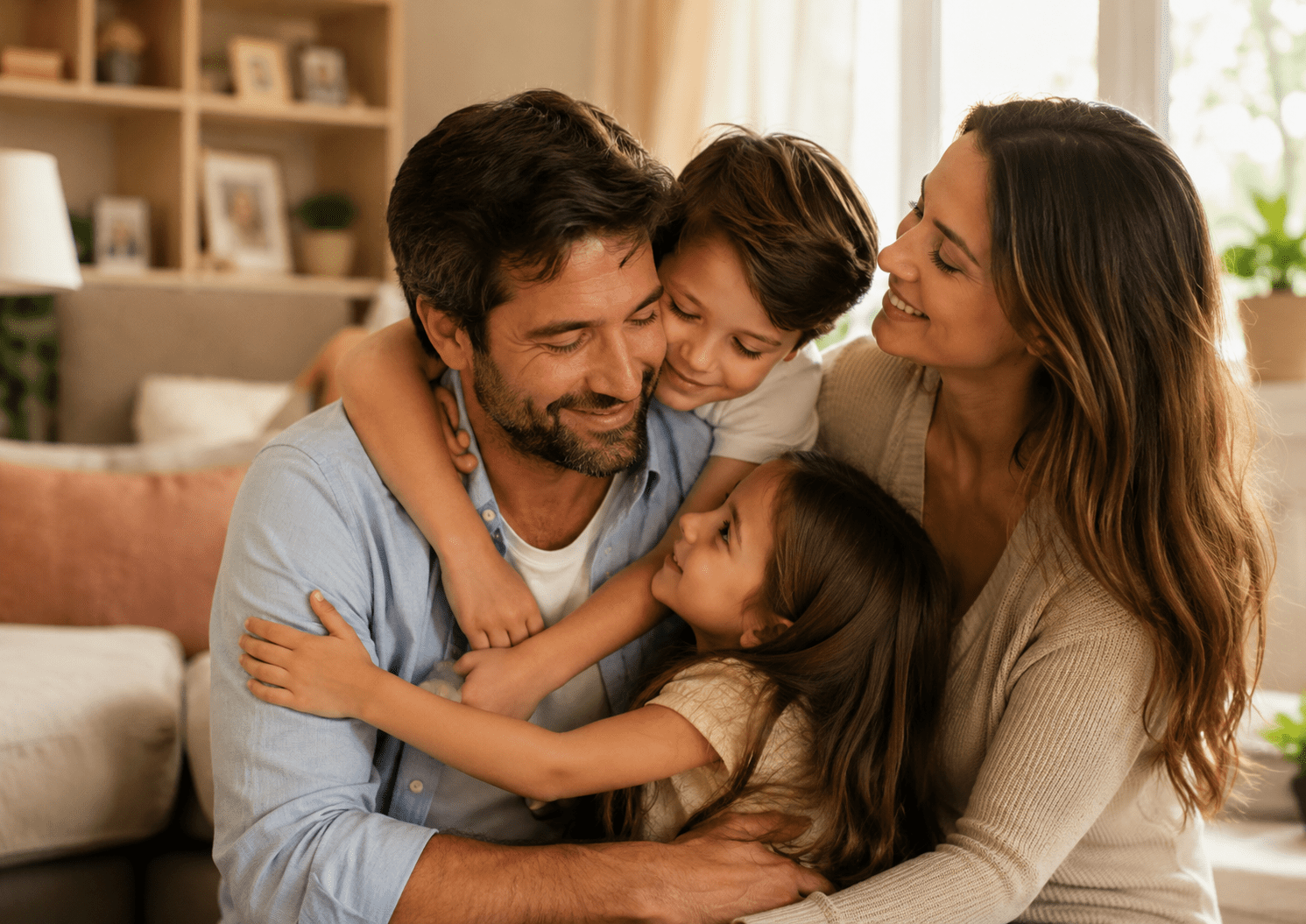 Esposo y padre abraza a su familia en un hogar cálido, imagen para poemas cortos del Día del Padre.