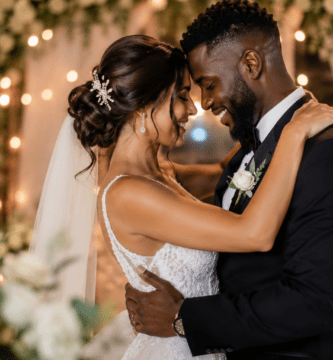 Pareja de novios abrazándose con alegría en una boda romántica con luces cálidas, flores blancas y ambiente elegante.