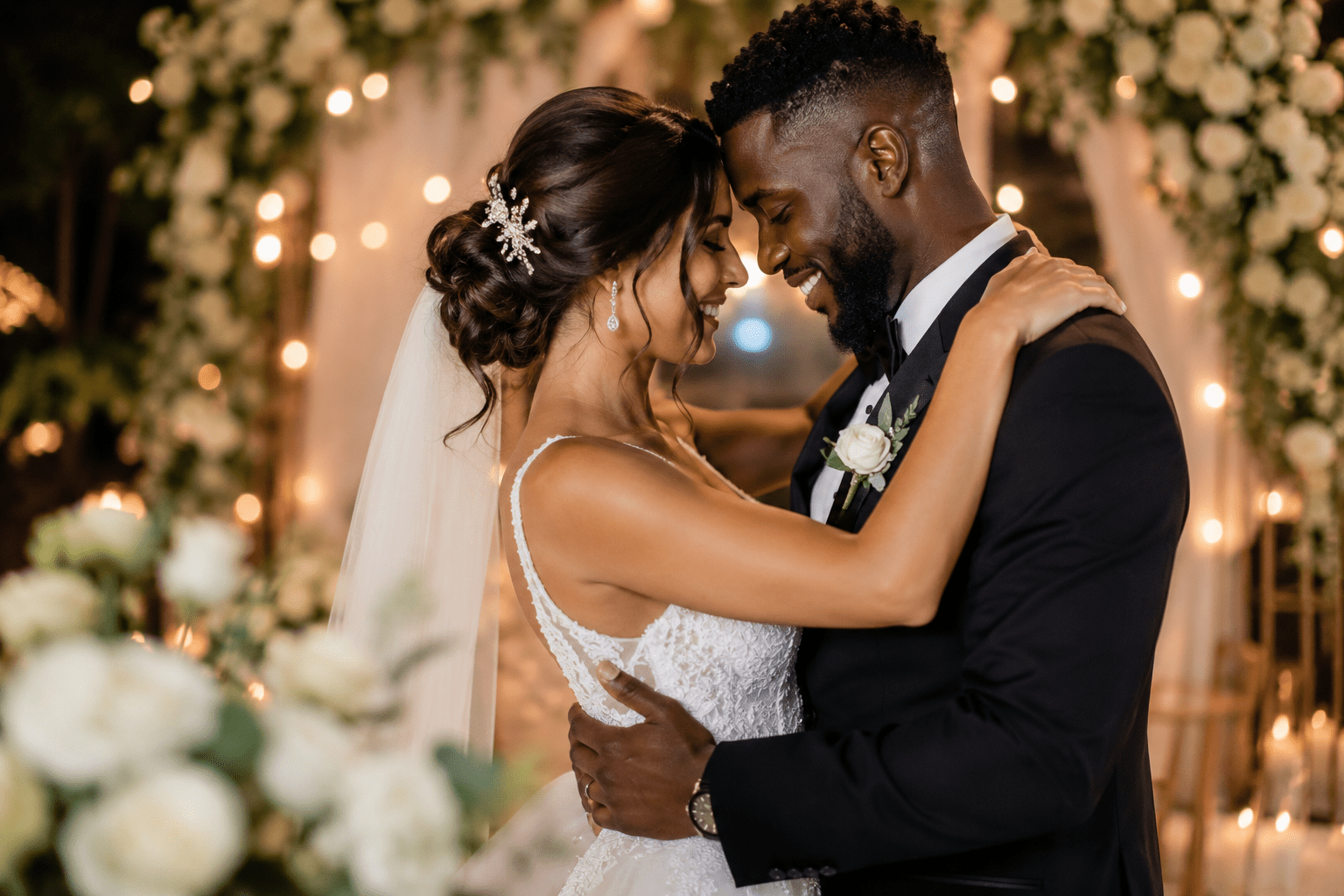 Pareja de novios abrazándose con alegría en una boda romántica con luces cálidas, flores blancas y ambiente elegante.