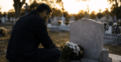 Hombre recordando a su papá fallecido frente a una tumba con flores en un cementerio al atardecer
