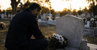 Hombre recordando a su papá fallecido frente a una tumba con flores en un cementerio al atardecer