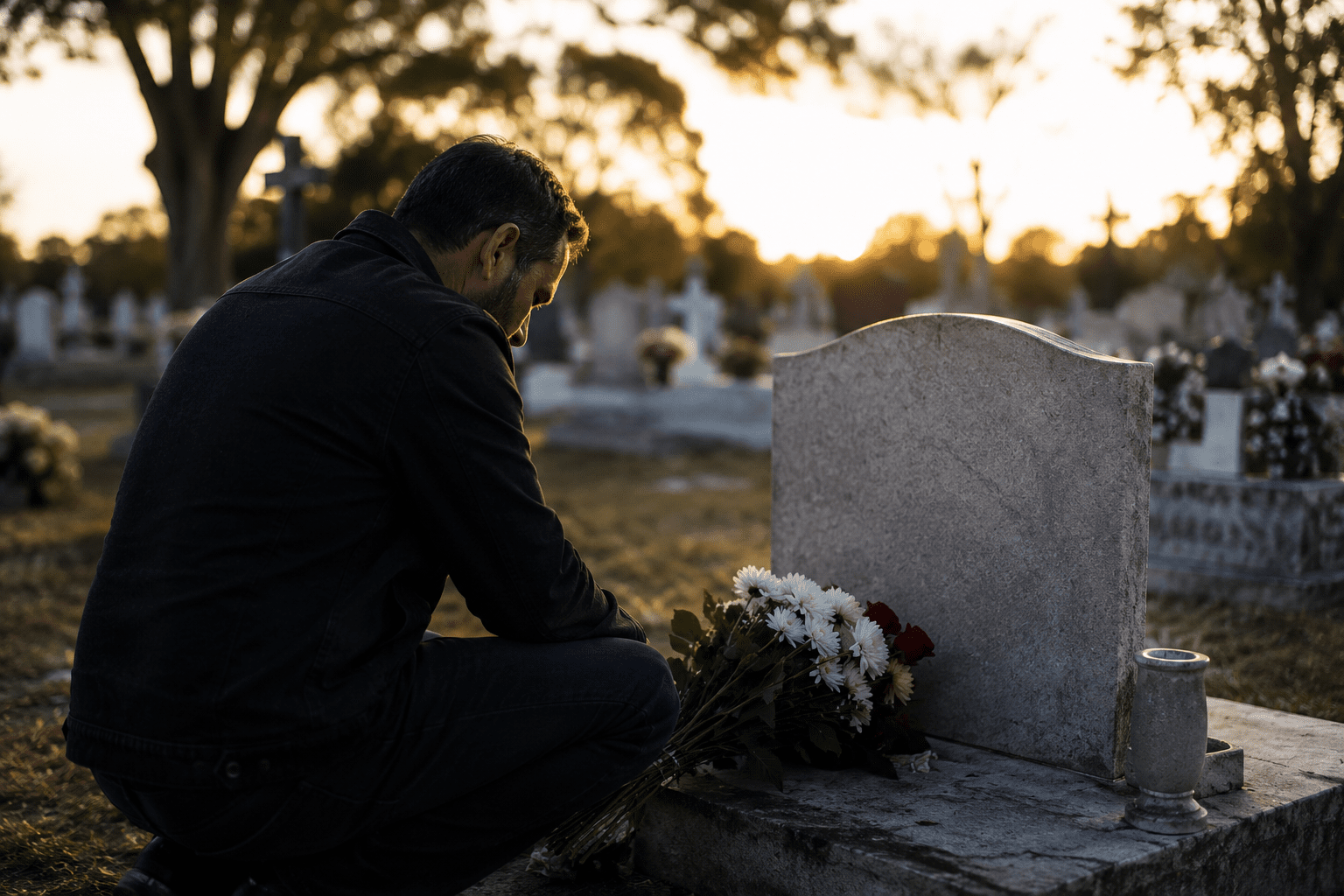 Hombre recordando a su papá fallecido frente a una tumba con flores en un cementerio al atardecer
