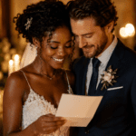 Pareja de novios leyendo un poema corto durante la ceremonia de boda, en un ambiente romántico con luces cálidas y flores.