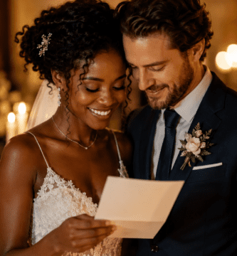Pareja de novios leyendo un poema corto durante la ceremonia de boda, en un ambiente romántico con luces cálidas y flores.