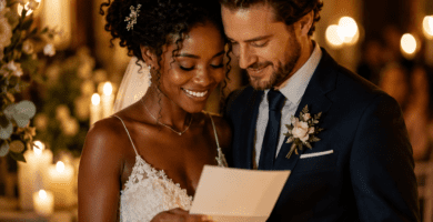 Pareja de novios leyendo un poema corto durante la ceremonia de boda, en un ambiente romántico con luces cálidas y flores.