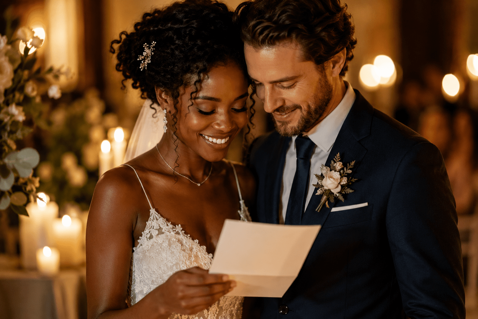 Pareja de novios leyendo un poema corto durante la ceremonia de boda, en un ambiente romántico con luces cálidas y flores.