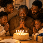 Familia negra orando junto a un pastel durante el cumpleaños cristiano de papá