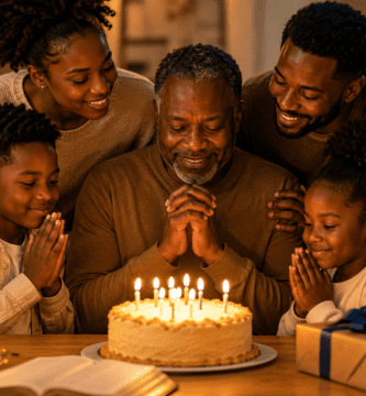 Familia negra orando junto a un pastel durante el cumpleaños cristiano de papá