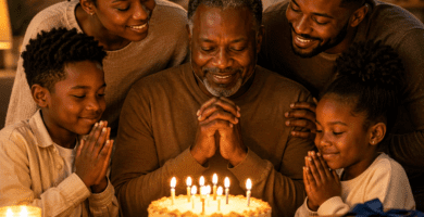 Familia negra orando junto a un pastel durante el cumpleaños cristiano de papá