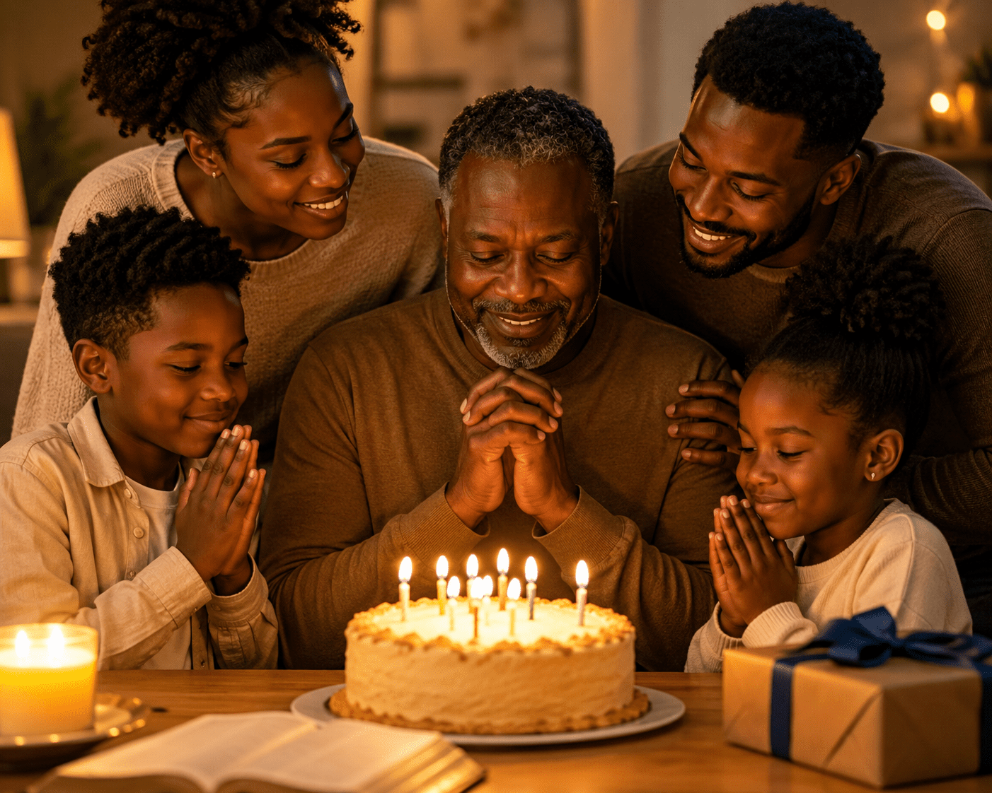 Familia negra orando junto a un pastel durante el cumpleaños cristiano de papá