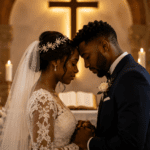 Pareja de novios negros orando en una boda cristiana frente a una cruz, con flores y velas en una iglesia.