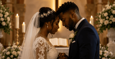 Pareja de novios negros orando en una boda cristiana frente a una cruz, con flores y velas en una iglesia.