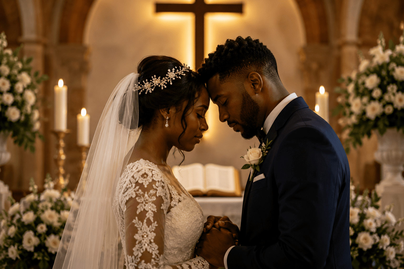 Pareja de novios negros orando en una boda cristiana frente a una cruz, con flores y velas en una iglesia.