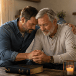 Hijo honrando a su papá con una oración cristiana en un ambiente cálido, con Biblia y cruz al fondo.