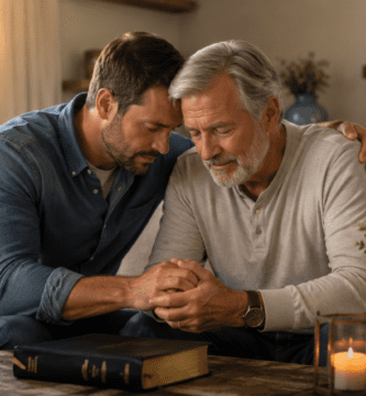 Hijo honrando a su papá con una oración cristiana en un ambiente cálido, con Biblia y cruz al fondo.