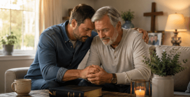 Hijo honrando a su papá con una oración cristiana en un ambiente cálido, con Biblia y cruz al fondo.