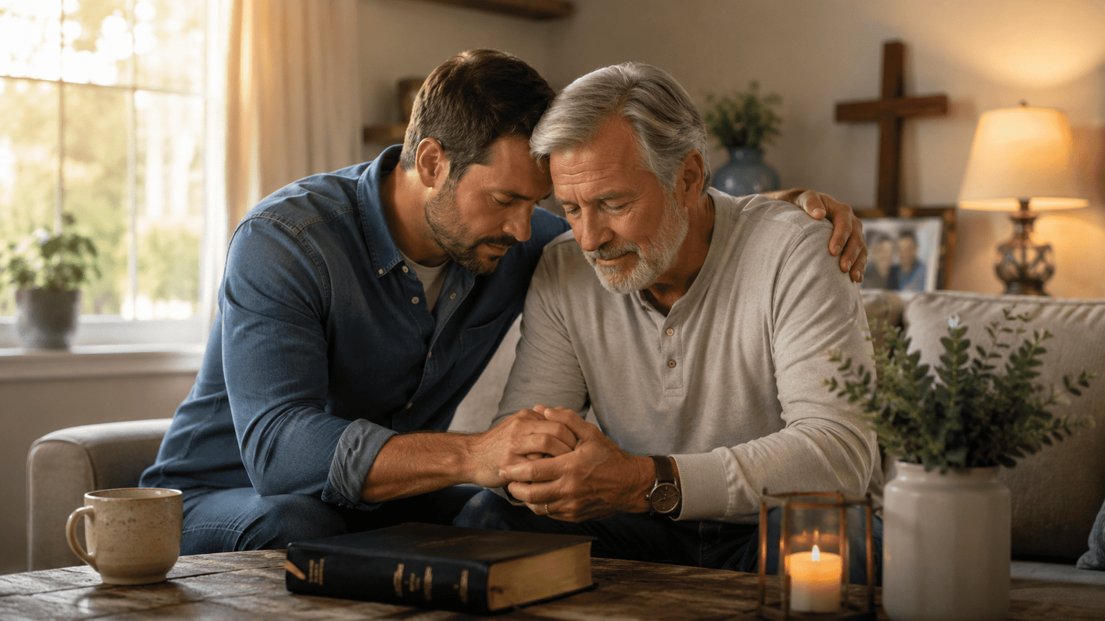 Hijo honrando a su papá con una oración cristiana en un ambiente cálido, con Biblia y cruz al fondo.