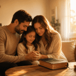 Familia cristiana orando junta en casa con una Biblia sobre la mesa, en un ambiente cálido de fe y amor familiar.