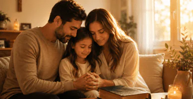 Familia cristiana orando junta en casa con una Biblia sobre la mesa, en un ambiente cálido de fe y amor familiar.