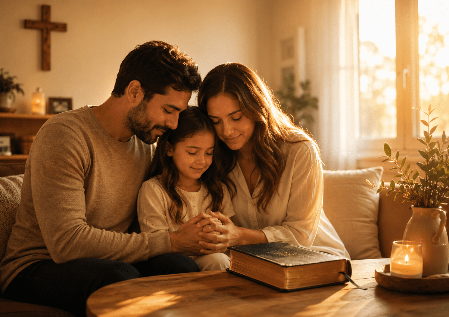 Familia cristiana orando junta en casa con una Biblia sobre la mesa, en un ambiente cálido de fe y amor familiar.